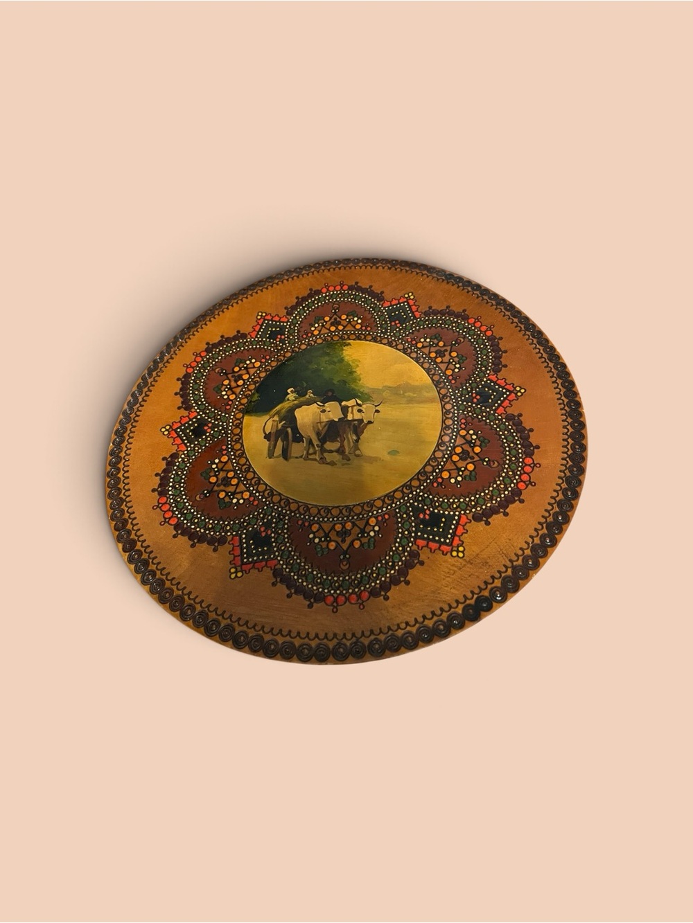 Hand-Painted Round Wall Art in Brown and Green
